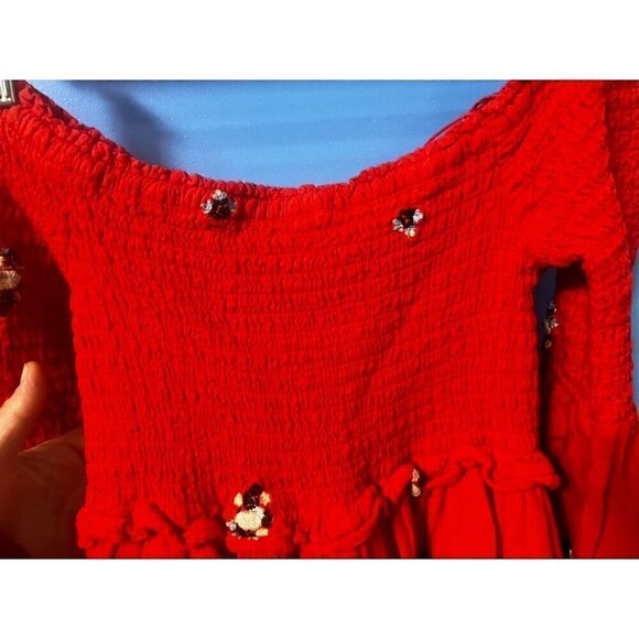 FREE PEOPLE Red Off-Shoulder Smocked Dress, Embroidered Floral, Flare Sleeve, XS - Picture 6 of 9